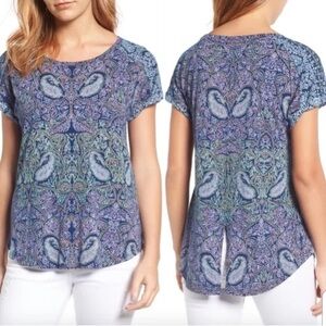 Lucky Brand Paisley Boho Women Top S Blue Floral Shirt Short Sleeve Tee bohemian